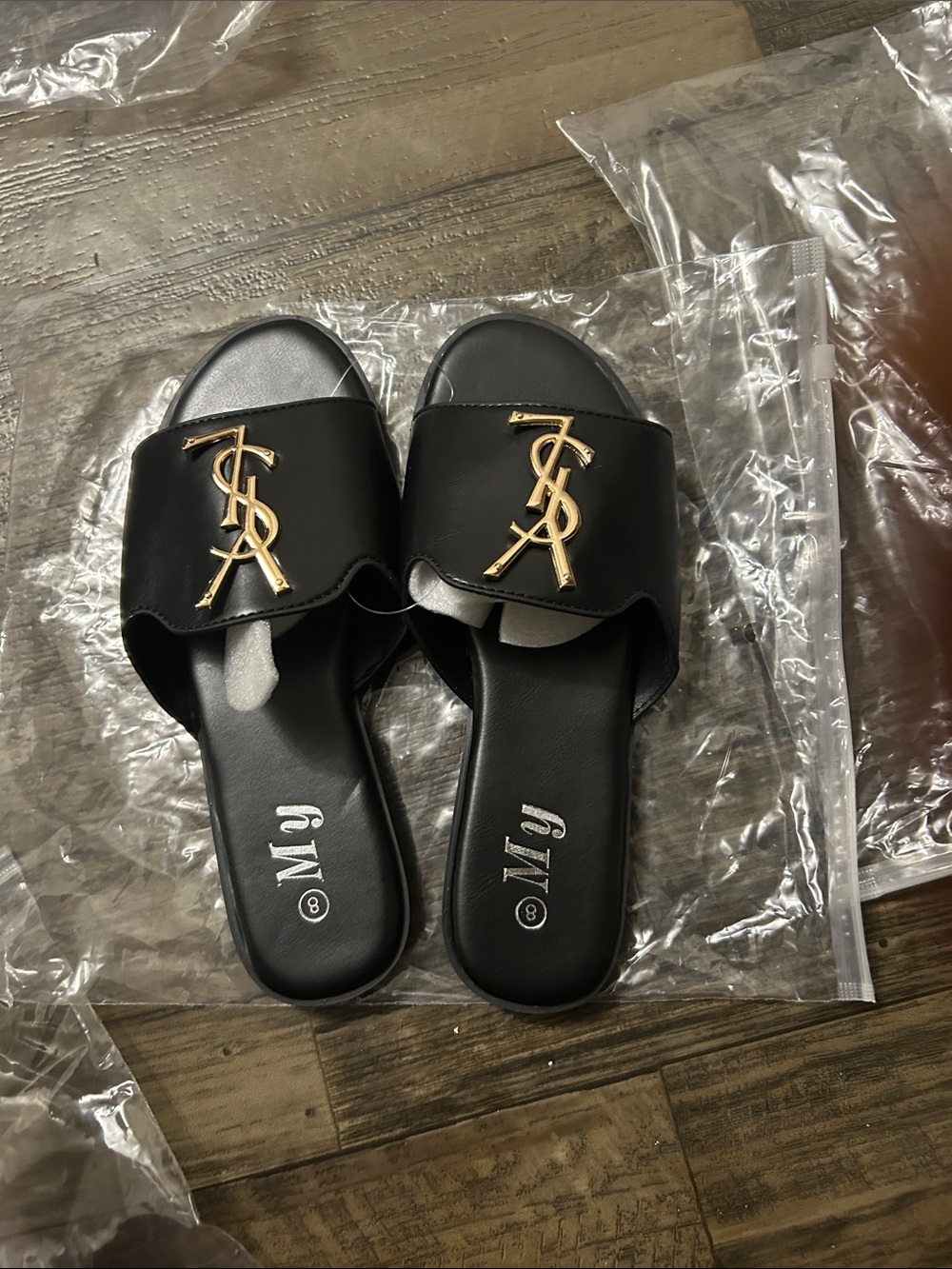 Black Slide Sandals with Gold Emblem